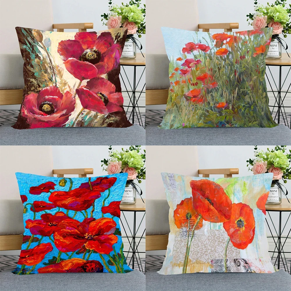 

Red Poppy Pillowcase Bedroom Home Decor Beautiful Gift Square Soft