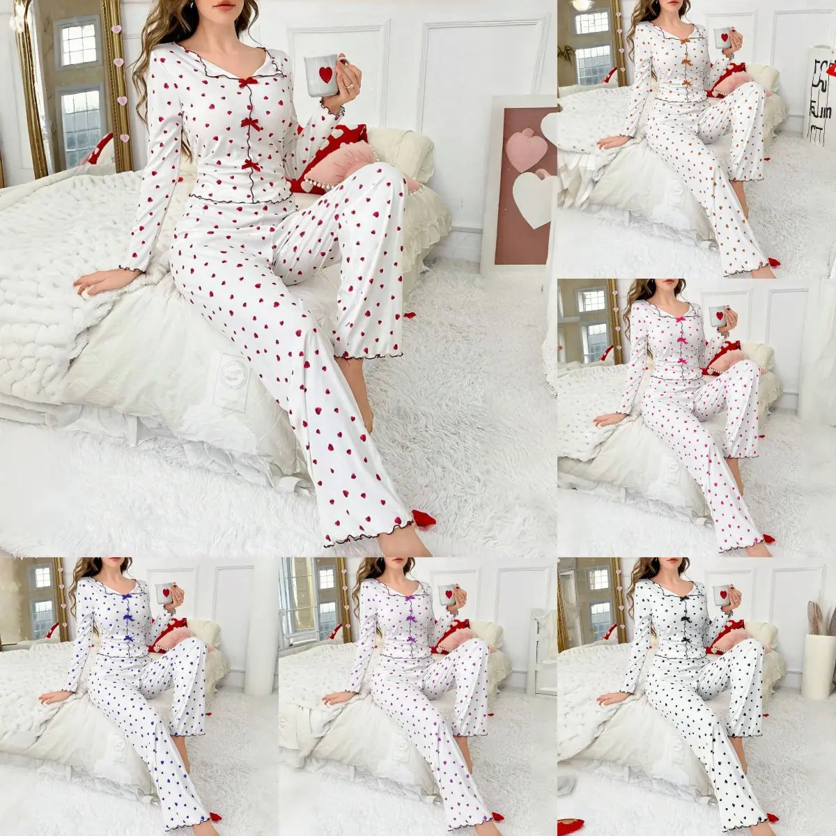 

2 Pcs Pajamas Women Heart Print Top Pants Suit Loungewear Outfits Autumn Casual Comfortable Home Clothes Sleepwear