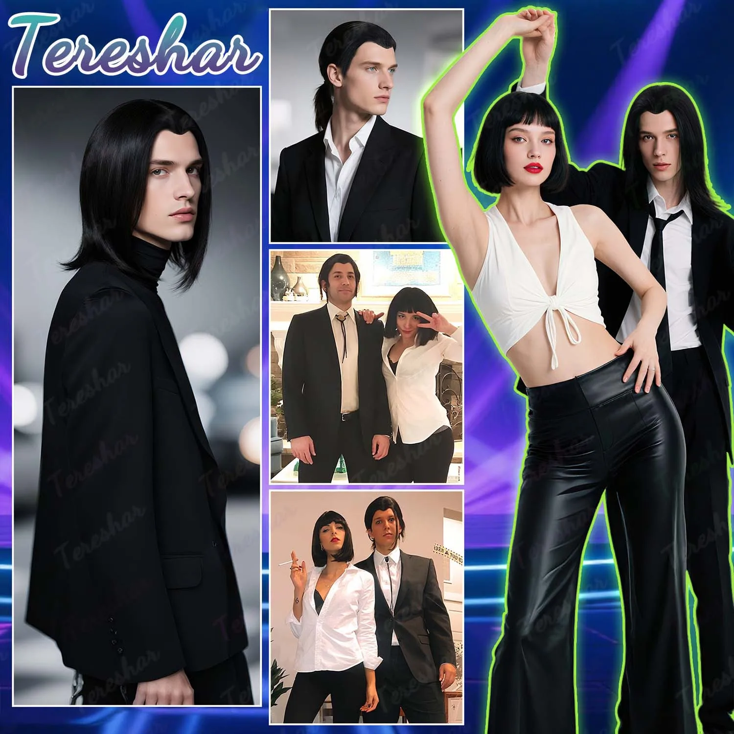 الاصطناعية رجل شعر مستعار قصير مستقيم شعر مستعار أسود 70s خمر فنسنت فيغا شعر مستعار تأثيري 80s هالوين زي تأثيري شعر مستعار متعة للحفلات