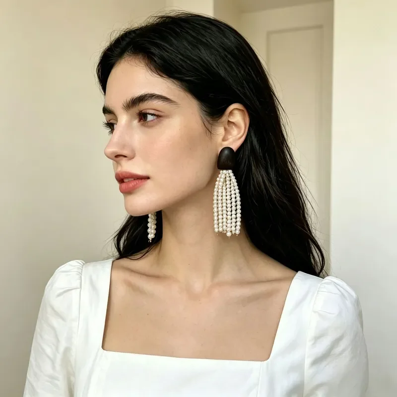 Retro log multi-layer pearl fringed earrings long face small French temperament niche design earrings wholesale