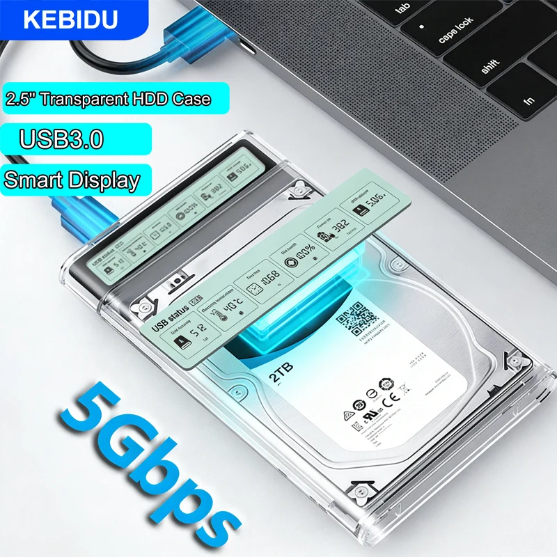 

KEBIDU 2.5'' HDD SSD Case Smart Display External HDD Enclosure USB3.2 Gen2 Hard Drive Clear Portable Storage Case for Laptop PC