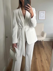 Summer White Women Suits Two Piece Elegant Shawl Lapel No Buttons Dress with Belt Fashion Office Lady Daily Casual Pants Sets