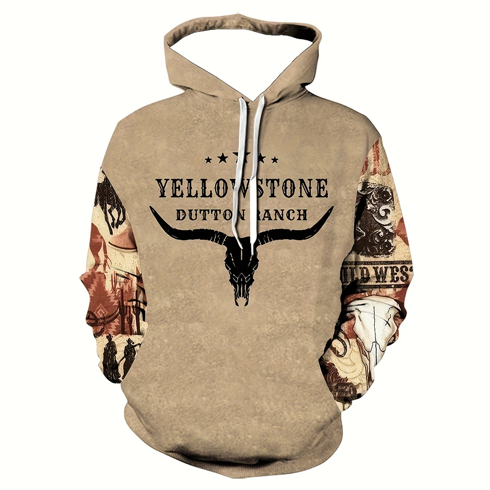 Yellowstone Antlers Print Hoodie Vintage Men's Hoodies Outdoors Casual Long Sleeves Sweatshirts Loose Men's Clothing Tops 6XL