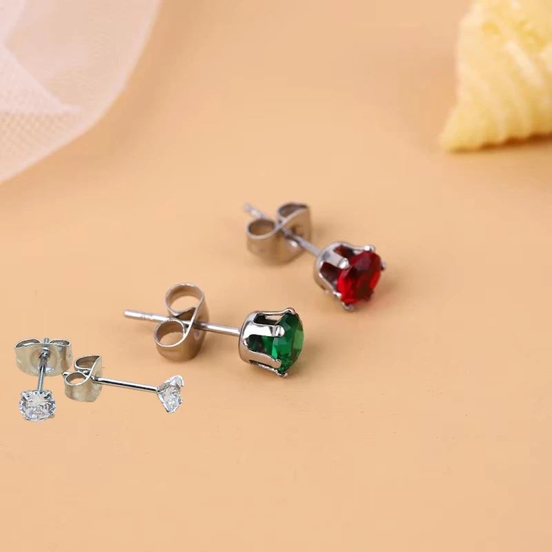 2PC 5mm Green & Red Crystal Zircon Classic Stud Earrings with Stainless Steel Push Back for Men And Women Delicate Jewelry