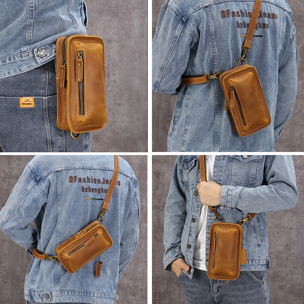 Vintage Crazy Horse Leather Crossbody Bag Men's Belt Loop Waist Pack Genuine Cowhide Mini Phone Pouch Trendy Retro Purse