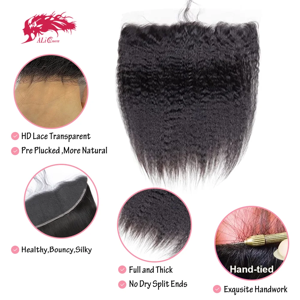 ผมแท้ Ali Queen Hair 13x4 แบบ Yaki Straight HD Lace Frontal ความหนาแน่น 130% ผมบราซิลแท้ พร้อมลูกผม สีธรรมชาติ