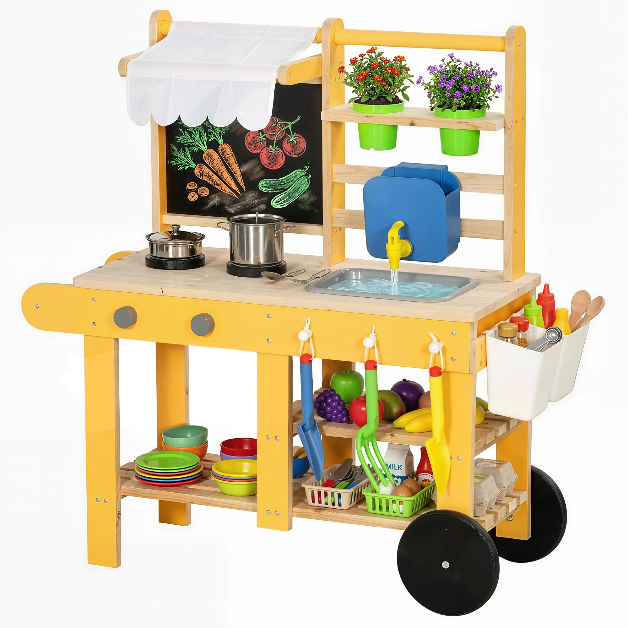 AIYAPLAY Cocina de Juguete Exterior de Madera con Ruedas Agua Real Macetas Pizarra y 15 Accesorios 84,2x34,4x90 cm Amarillo