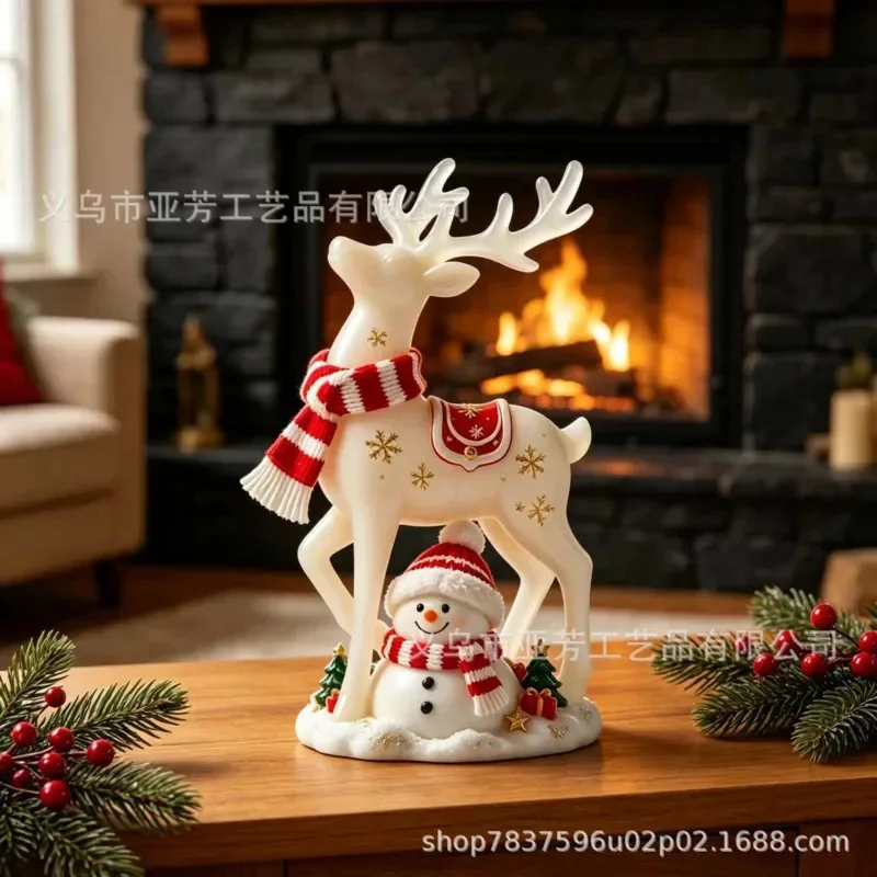 Light Up Christmas Reindeer Figurine With Snowman LED Resin Ornament Winter Table Centerpiece Holiday Home Mantel Decor