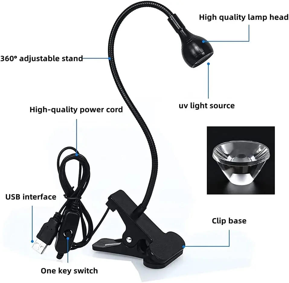 Lampe à polymériser N64.LED avec col de cygne flexible et pince 3W, petit sèche-ongles portable pour manucure