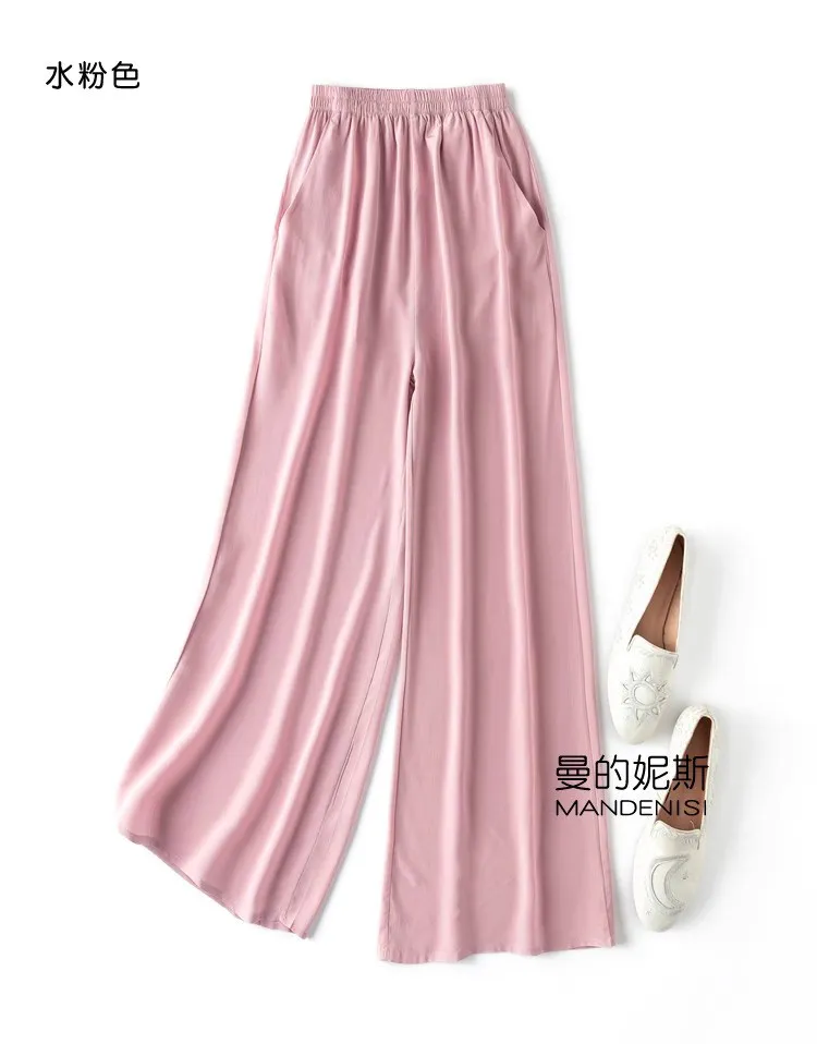 Tcyeek 100% Natural Silk Pants Women Summer Clothes Casual Elastic Waist Wide Leg Pants Solid Color Woman Trousers Streetwear