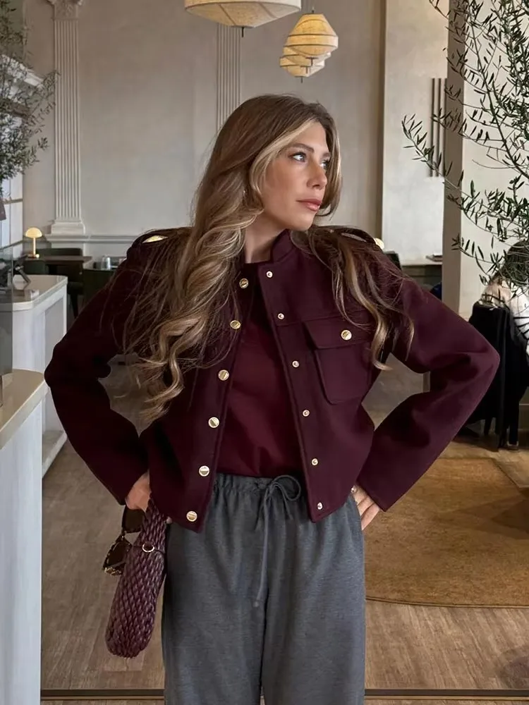 Damski płaszcz w stylu vintage w kolorze burgundowym, z okrągłym dekoltem, długim rękawem, zapinany na jeden guzik, z kieszeniami, jesienny, casualowy, do biura, odzież wierzchnia.