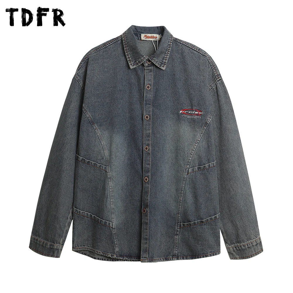 

Spliced Long Sleeve Denim Shirts Mens Letter Embroidery Autumn Retro Casual Washed Distressed Lapel Single Breasted Shirts Man