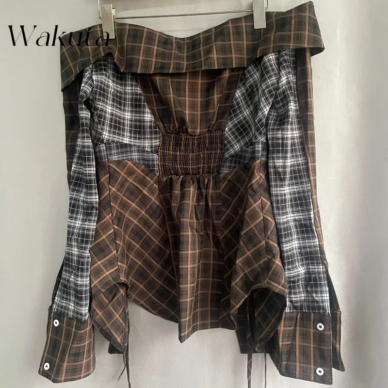 WAKUTA Japanese Niche Pure Desire Strapless Straps One-shoulder Plaid Vestidos Casual Sweet Shirt Lady Mini Dresses فساتين ٢٠٢٢