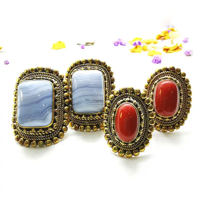 Brass inlaid Agate Big Golden Ring Vintage Red Lampwork Rings R031