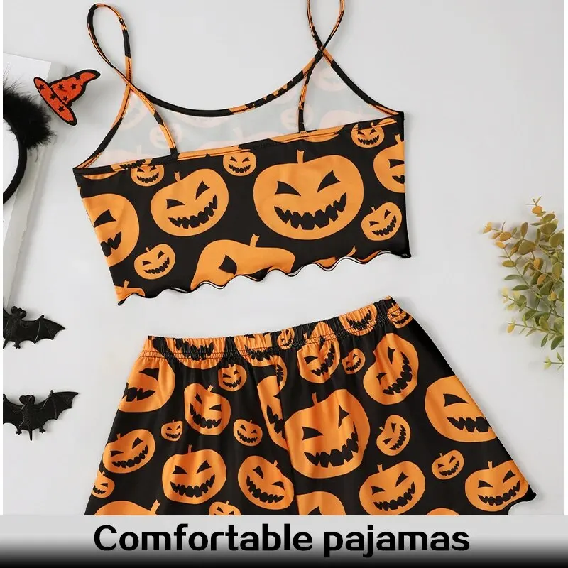 Halloween Pumpkin Print Pajama Set Spooky Pumpkin Head Print Round Neck Camisole Top and Pumpkin Lettuce Side Shorts Homewear Pa