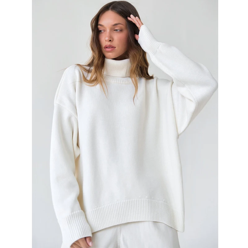 

Sweet Light Luxury Knit Sweater Autumn and Winter Women's Classic Solid Color High Neck Loose Warm Elastic Casual Knit Sweater