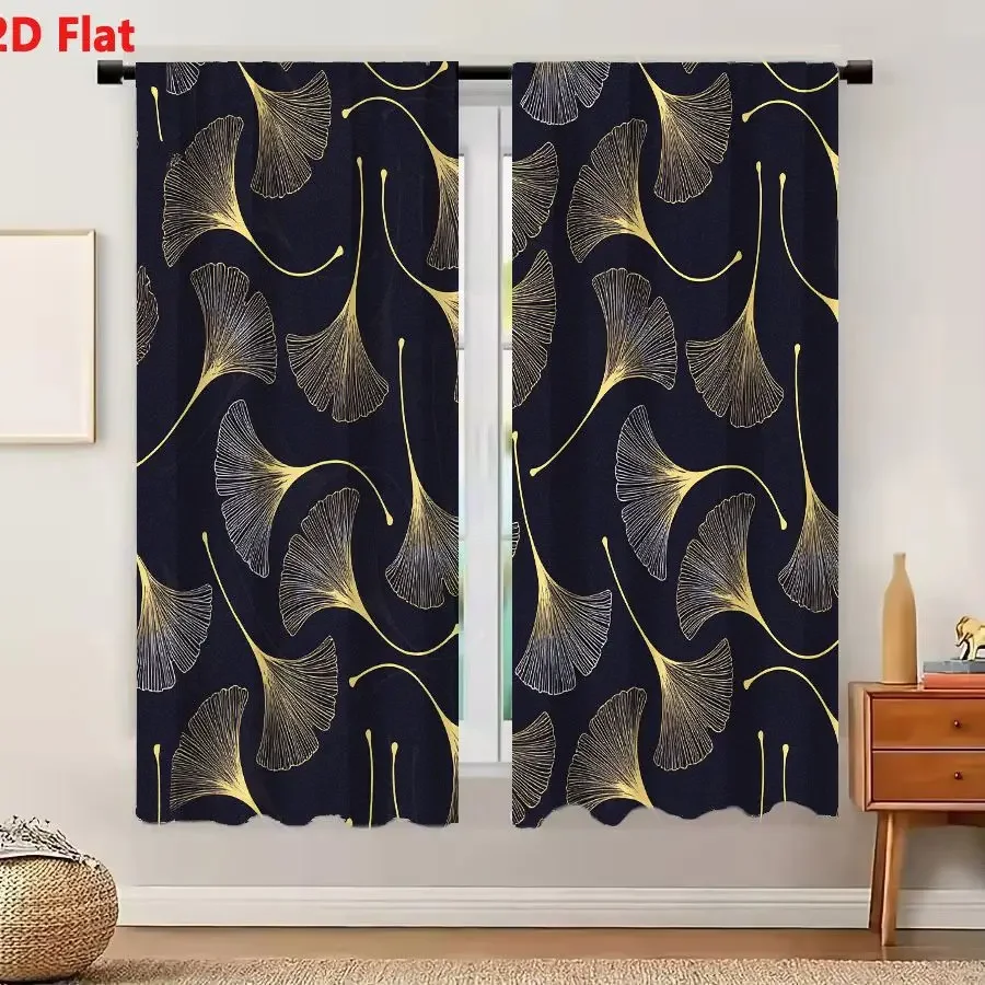 Ginkgo Biloba Leaves Navy Blue Curtains Set