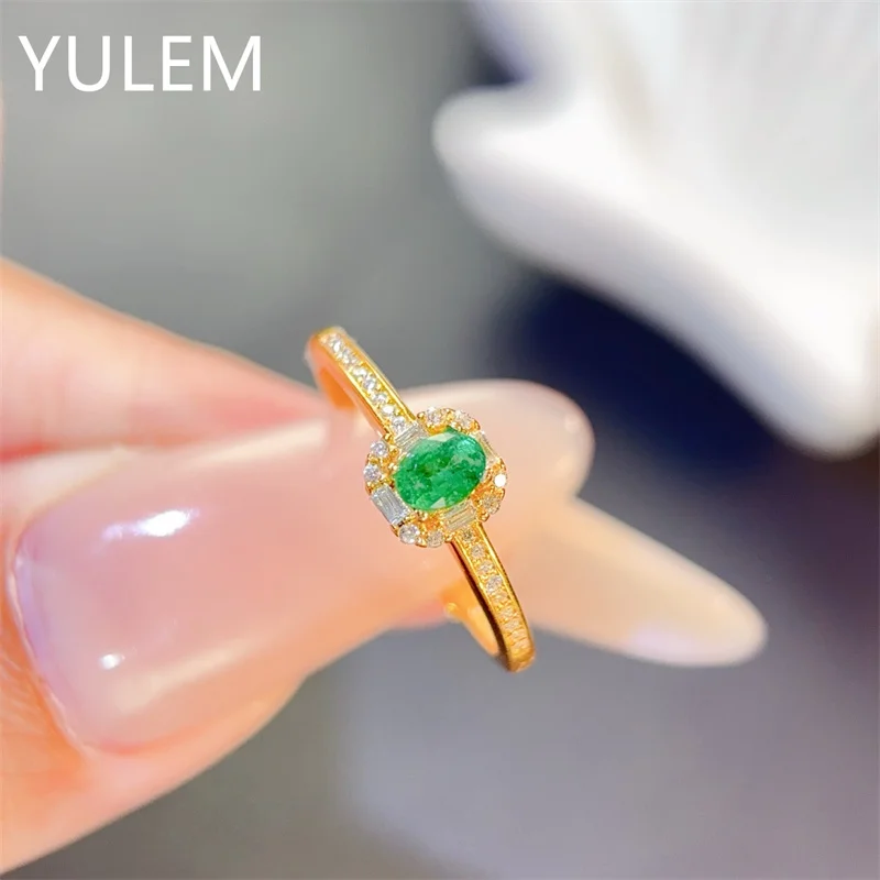 YULEM  Jewelry Fashion Emerald Ring 3x4mm Natural Emerald Ring for Engagement 925 Silver Emerald Jewelry