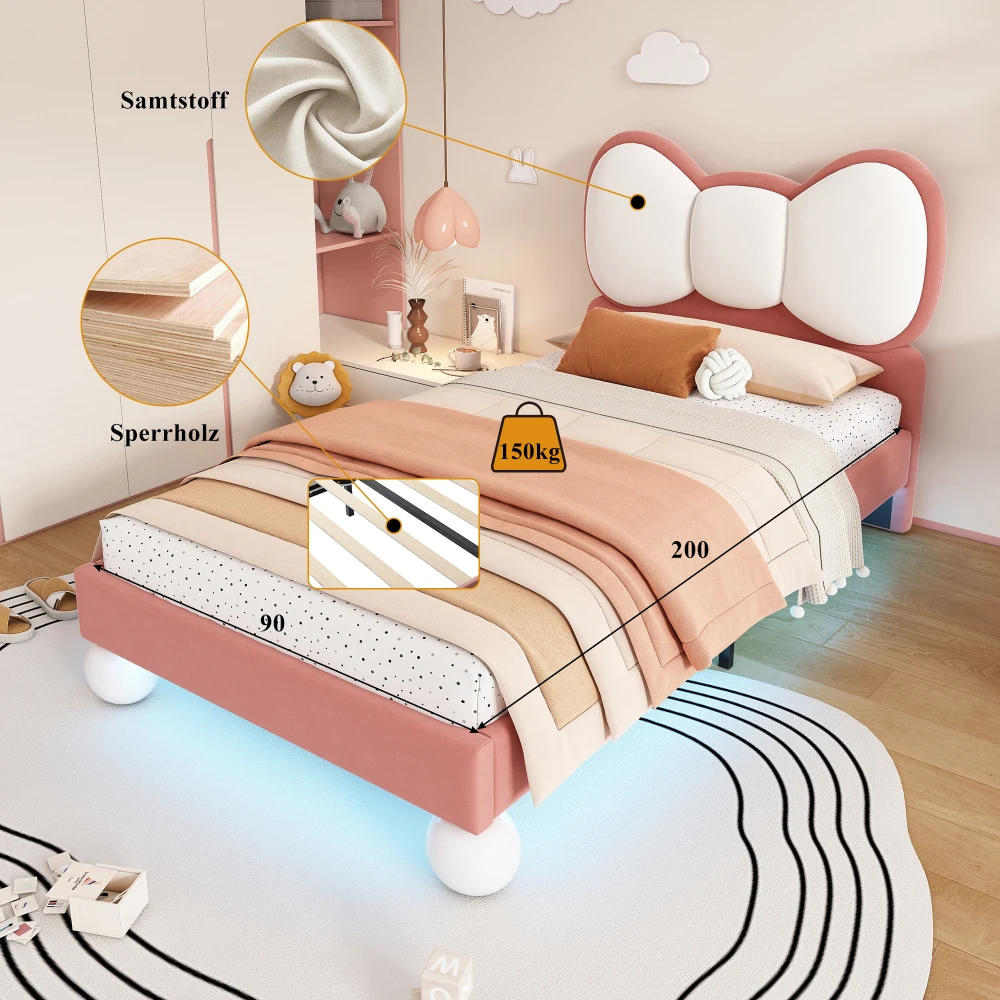 PINGGO Kinderbett, Einzelbett, 90 x 200 cm, Samt-Kopfteil in Fliegenform, Farbe, verstellbares LED-Licht, stabile Latten, ohne Matratze – Detail 8