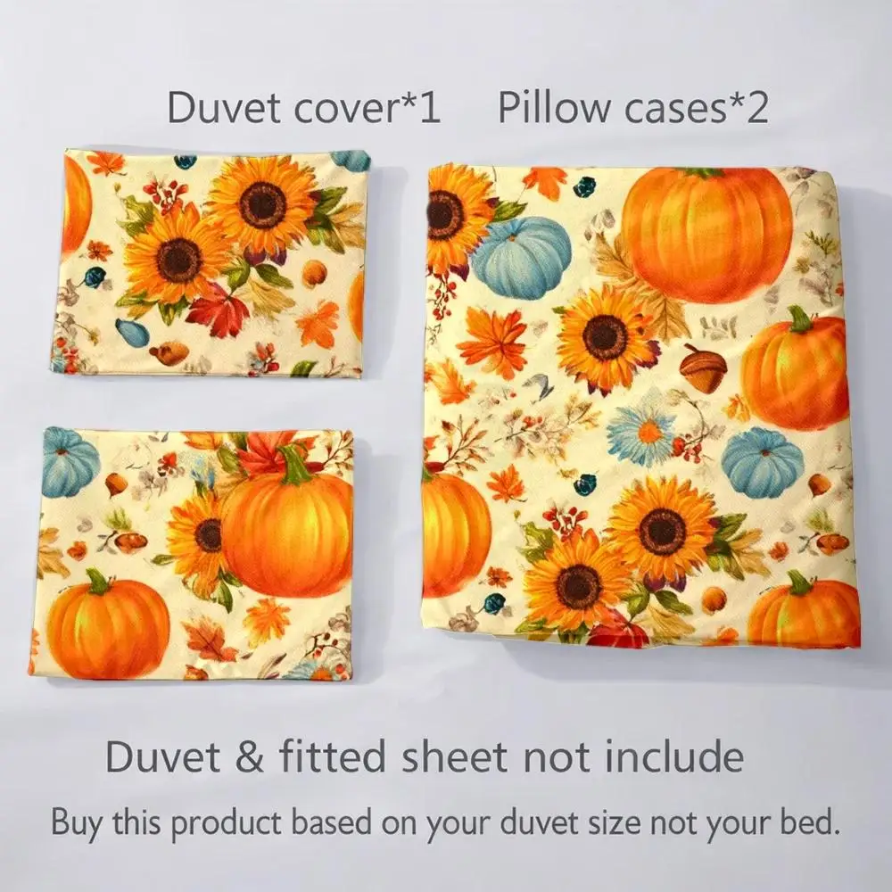 3-Piece Bedding Set with Pillowcases and Duvet Cover, 1 Duvet Cover + 2 Pillowcases (Without Filling) 2D Flat Printing, 3-Piece Duvet Cover Set, Pumpkin Sunflower Autumn Harvest Theme, Watercolor Pastoral Style, Thanksgiving/Halloween Double Holiday Celebration, Suitable for All Seasons, 3 Pieces Bedding Set Quilt Cover