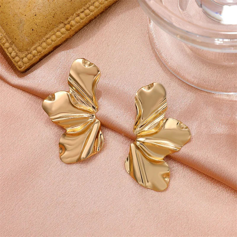 2024 New Gold Color Steel Flower Earrings Minimalist Temperament Matte Irregular Petal For Women’s Jewelry Gift