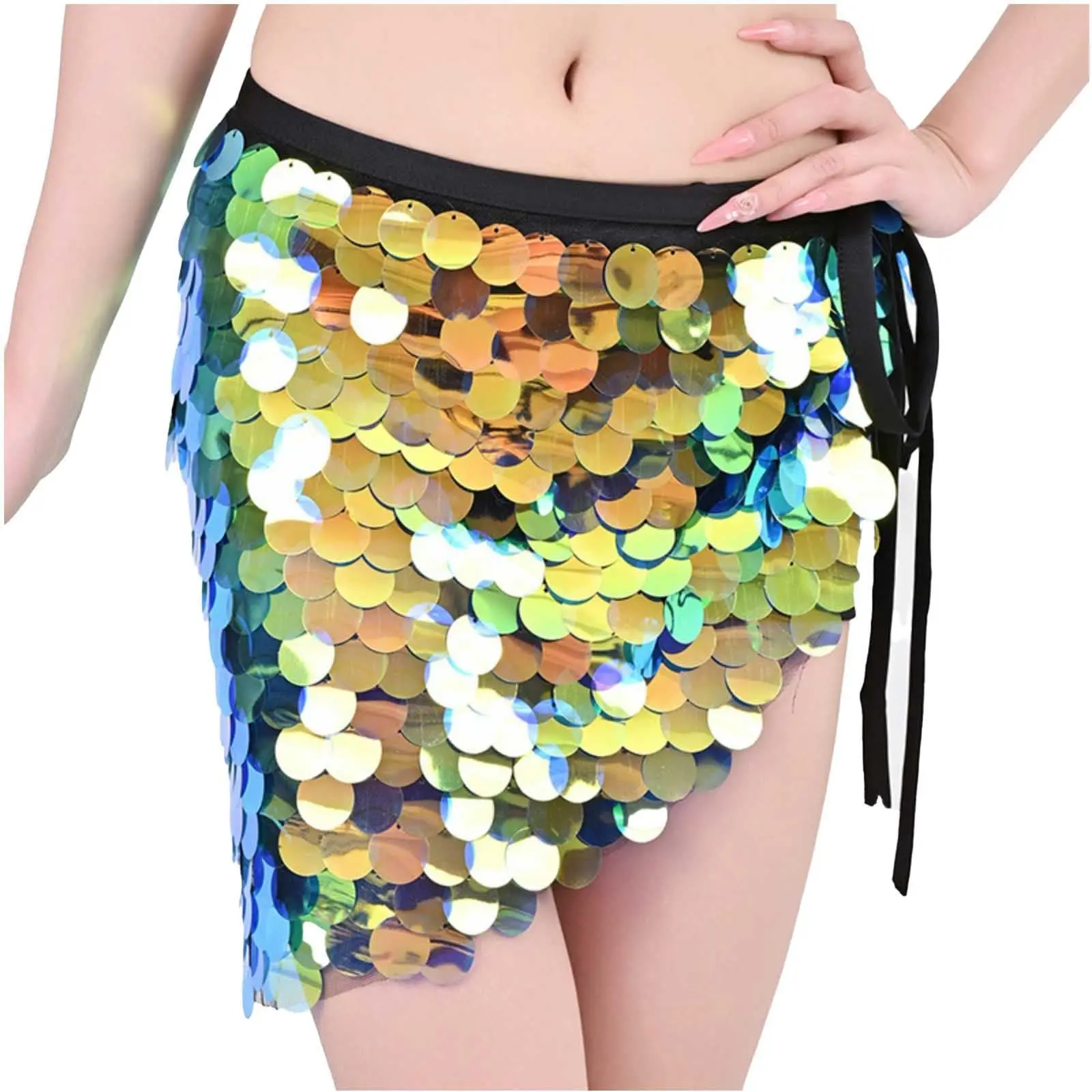 Womens Belly Dance Hip Scarf Wrap Belt Sparkly Mermaid Sequins Lace-up Waist Skirt Festival Dance Stage Performance Costumes