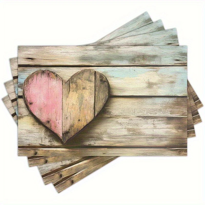 Vintage Wooden Heart Placemats 12.0x18.0inch - Hand Wash Only, Table Mats with Distressed Blue Wood Background & Pink Accents