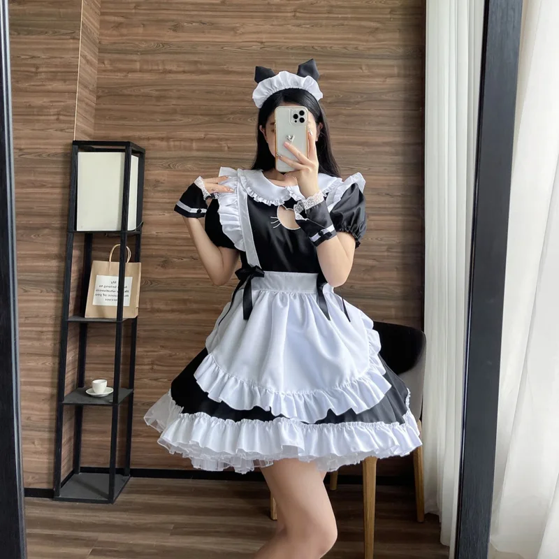 Hollow Out Embroidered Cat Maid Dress Cute Lolita Maid Costumes Girls Women Lovely Maid Cosplay Costume Performance Halloween