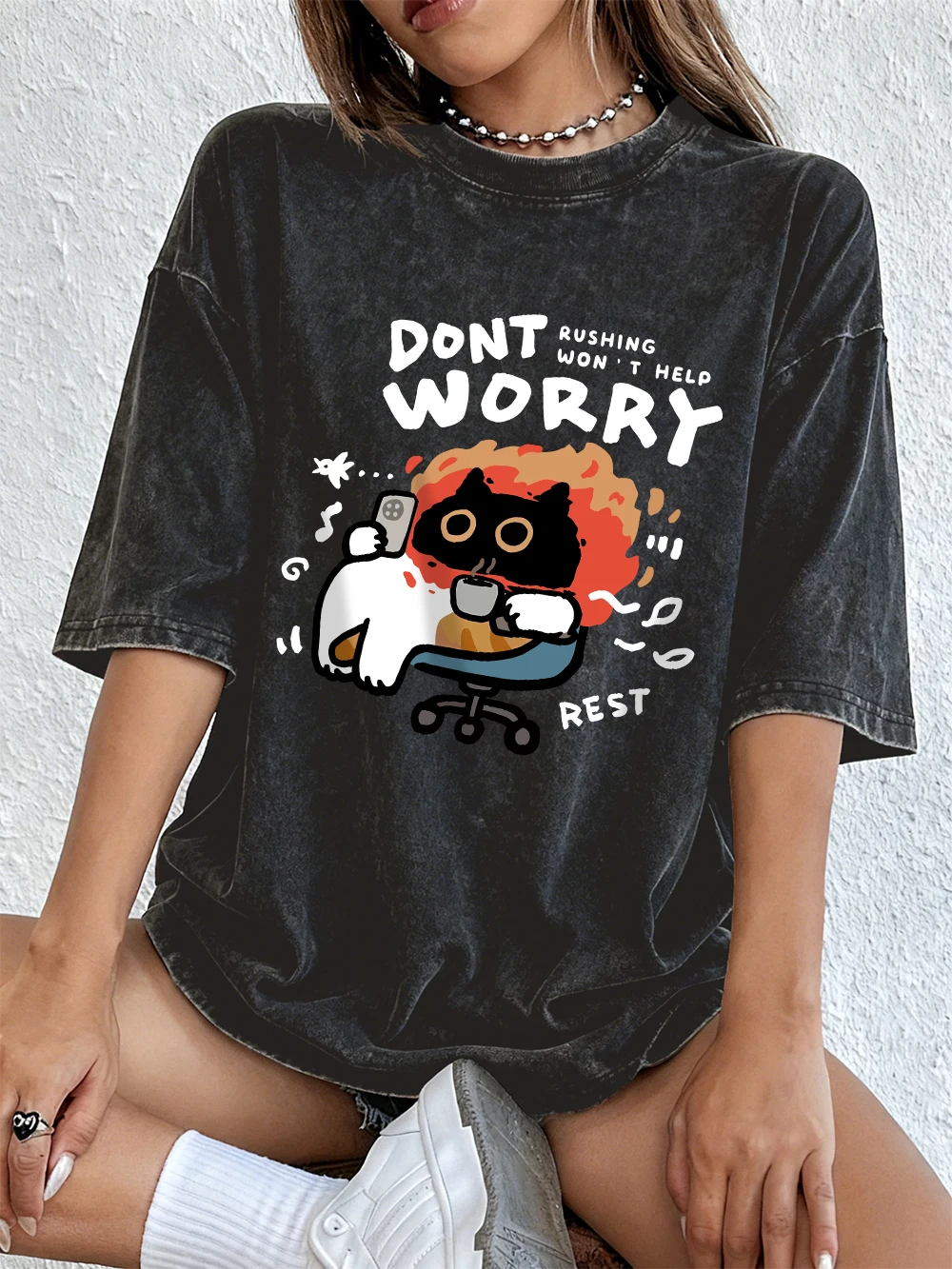 Dont Worry Cat Printing Washed T-Shirts Womens Cotton Short Sleeve Tops Street O-Neck Oversize T Shirt Summer Distressed Clothes