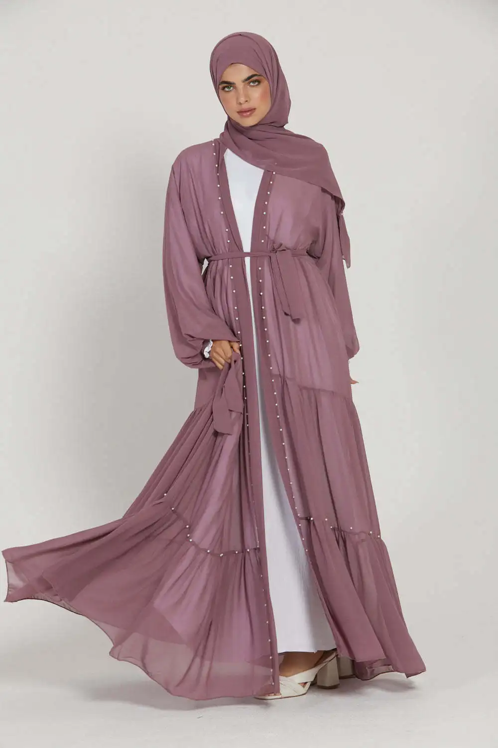 

Women Loose Open Cardigan Robe Arab Turkey Middle East Fashion Elegance Solid Color Beaded Muslim Lace-Up Chiffon Cardigan Robe