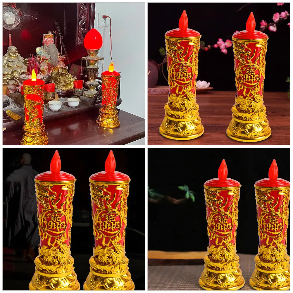 1Pair Chinese Electric Candles LED Lamps Flameless Lights Decor for Buddhism Worship Sacrifice Party Aromatherapy