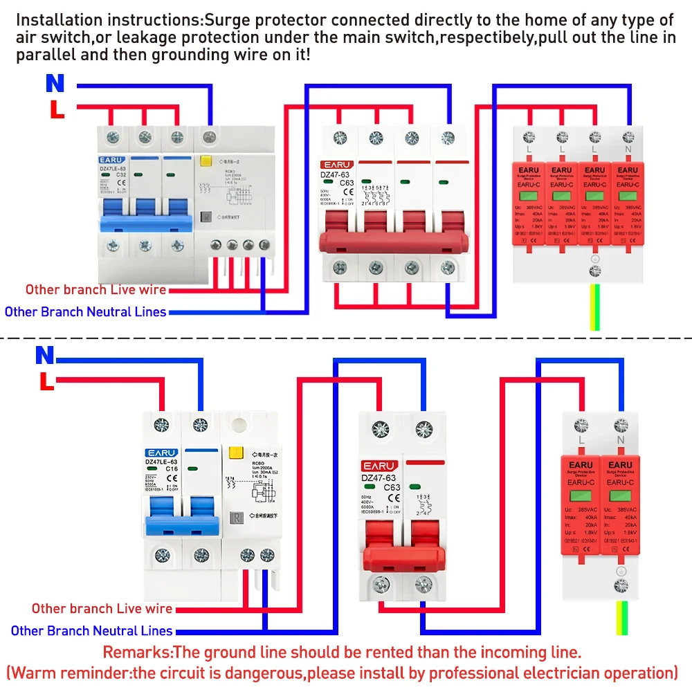 Power Surge Protective Device SPD Arrester Low Voltage House 1/2/3/4 Pole Surge Voltage Protection DC 500V 800V 1000V 40KA 60KA