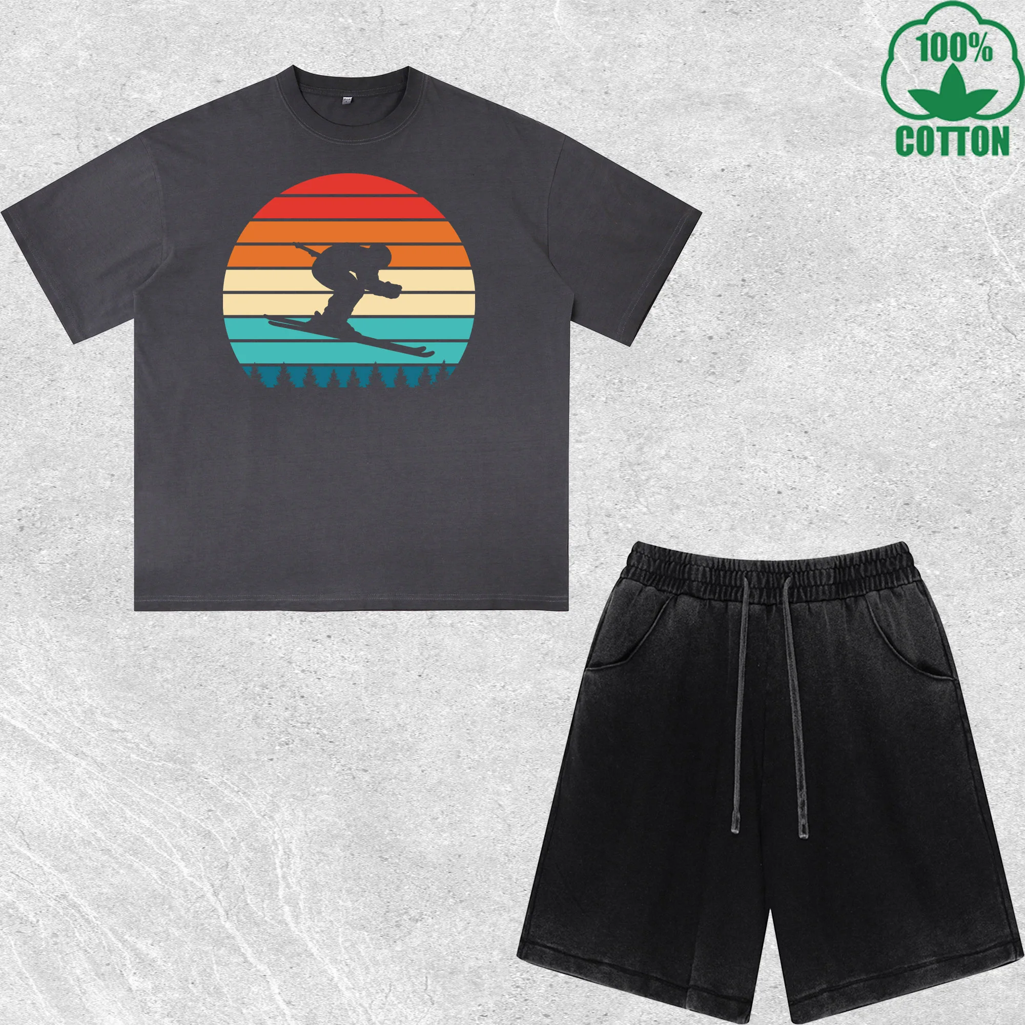 

Ski Expert Printed Dirty Wash T-Shirt Shorts Set Multicolor Combo Loose Trendy Fashionable 100%Cotton