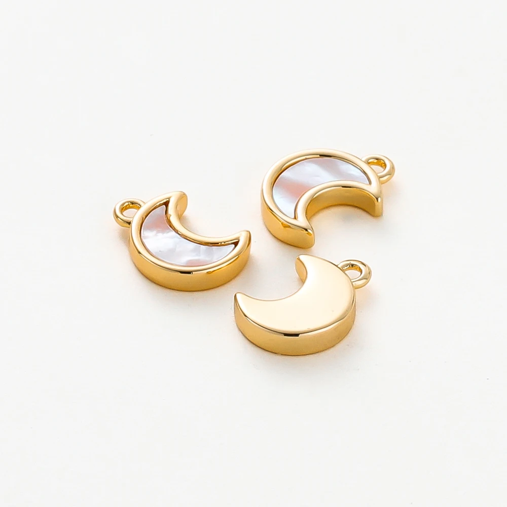 2Pcs 18K Gold Color Plated Brass and Nature Shell Moon Shape Charms Pendants for DIY Necklace Jewelry Making Accessories