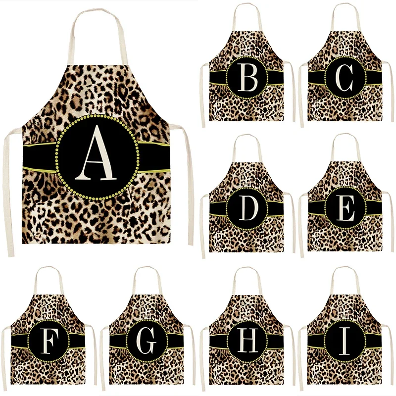 1Pcs Leopard Letter Pattern Kitchen Sleeveless Aprons Cotton Linen Bibs 68x55cm Household Cleaning Pinafore Home Cooking Mandil