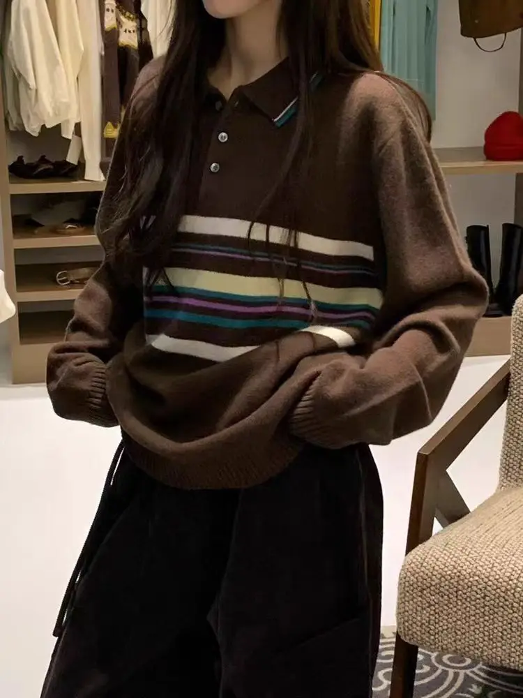 

Retro Neck Knitted Sweater Women's Loose Long Sleeve Striped Color Block T-Shirt Soft Cotton Autumn Fashion Ladies' Top