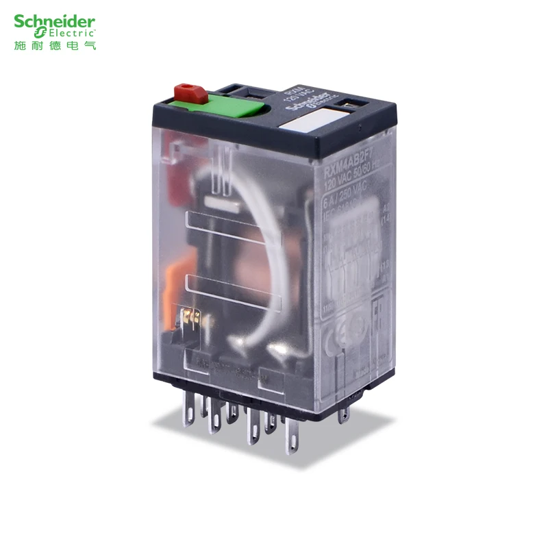 The Schneider Electric RXM4AB2F7 plug-in intermediate relay has an indicator to control coil voltage of 120VAC