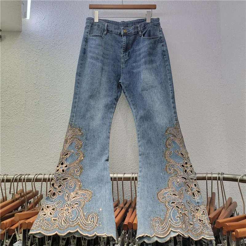 2026 New Fashion Stylish Hollow Out Rhinestone Flare Jeans Women High Waist High Elasticity Fat Covering Versatile Long Pants