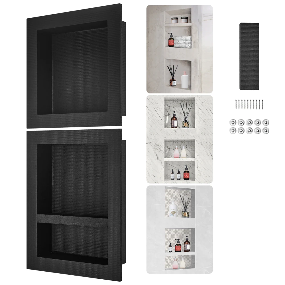 

Shower Niche (16x16&16x20) Triple Shelf Square Corners Recessed Sealed Soap Storage Black