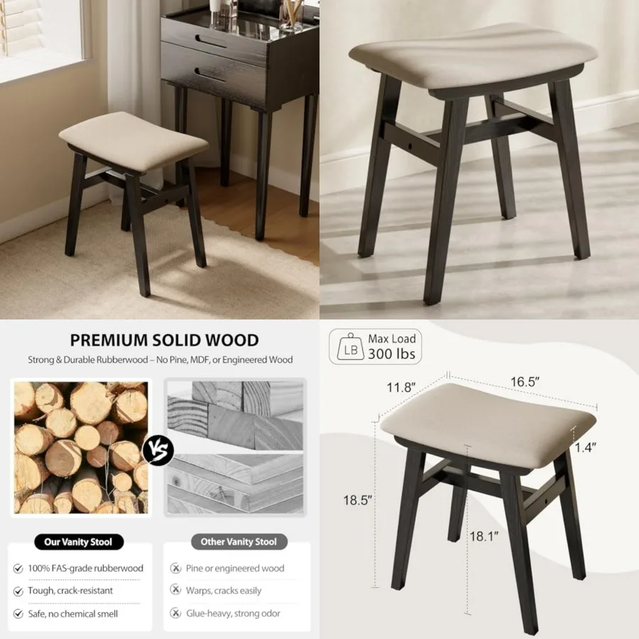 

Solid Wood Vanity Stool, Compact Makeup Chair with Saddle Cushion, Linen-Covered High Rebound Sponge Seat, Easy Assembly Footst
