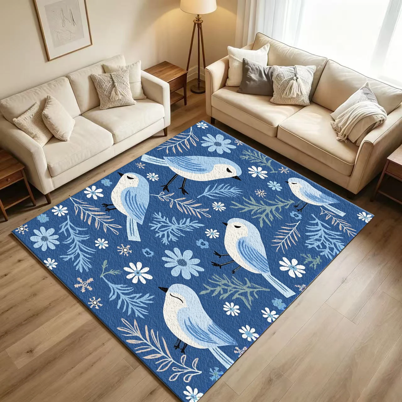 Cute Nordic Bird Floral Carpet Flooring Fresh Blue Tone Botanical Repeating Pattern Printed Floor Rug for Household Living Space Home Decoration