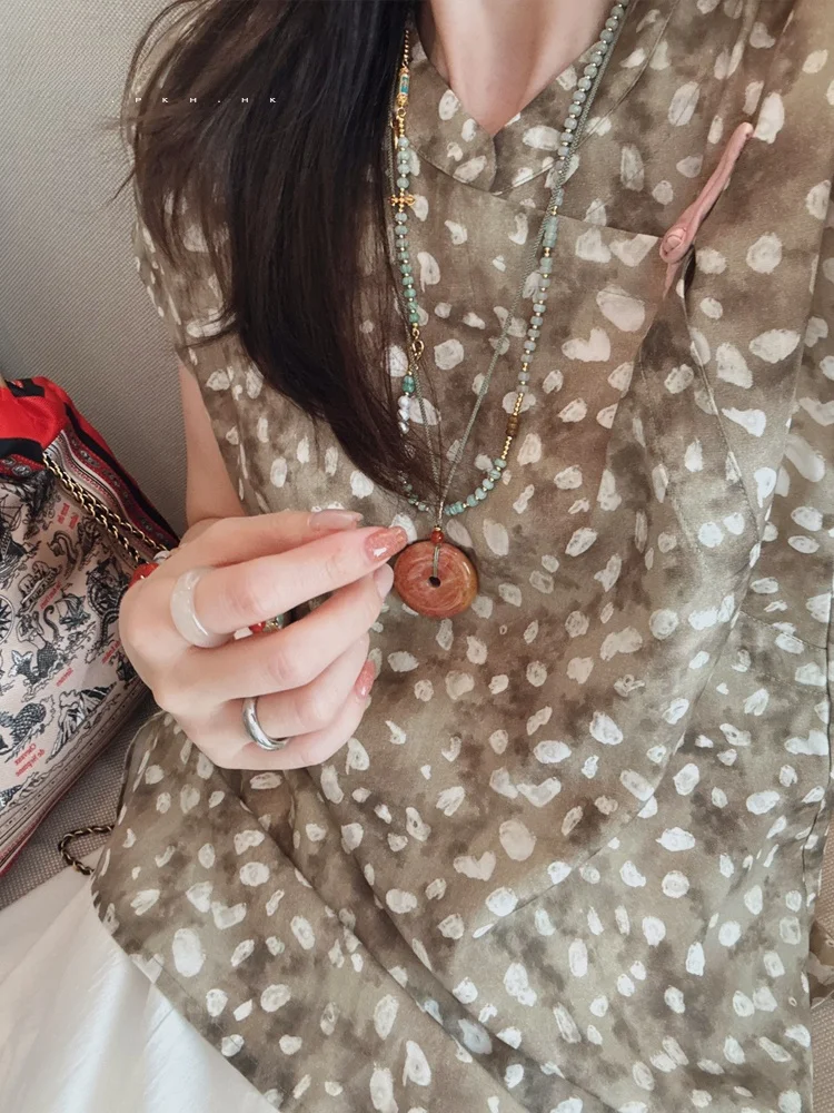 

PKHHK New Summer Release Gentle Pink One-Button Asymmetrical ort-Sve Top Chinese Sle Stand Collar Loose Fit irt