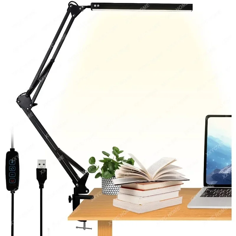 LED Desk Lamp with Clamp, Eye-Care Dimmable Reading Light, 3 Color Modes Swing Arm Lamp, USB Clip-on Table Lamp, Daylight Lamp