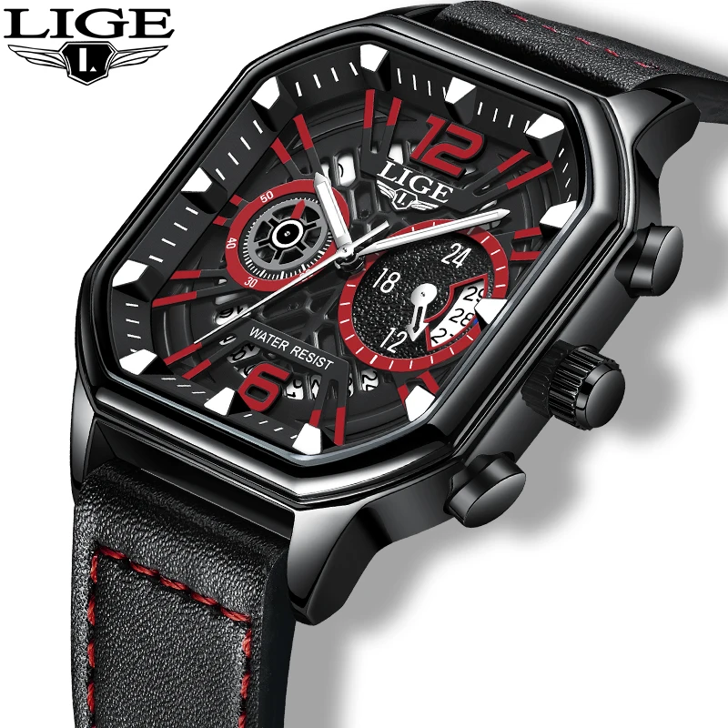 LIGE Fashion Luxury Quartz Man Watch Top Brand Leather Strap Gentleman Auto Calendar Waterproof Luminous Casual Sport Wristwatch