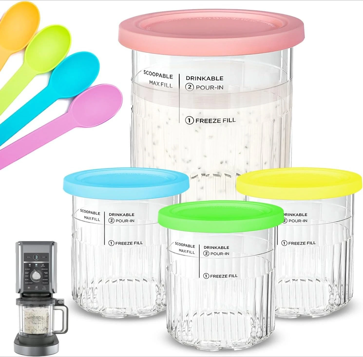 

4 упаковки пинтов и крышек емкостью 24 унции, совместимые с серией Ninja CREAMi Deluxe 11-в-1 NC501 NC500, без BPA, морозильной камеры и можно мыть в посудомоечной машине