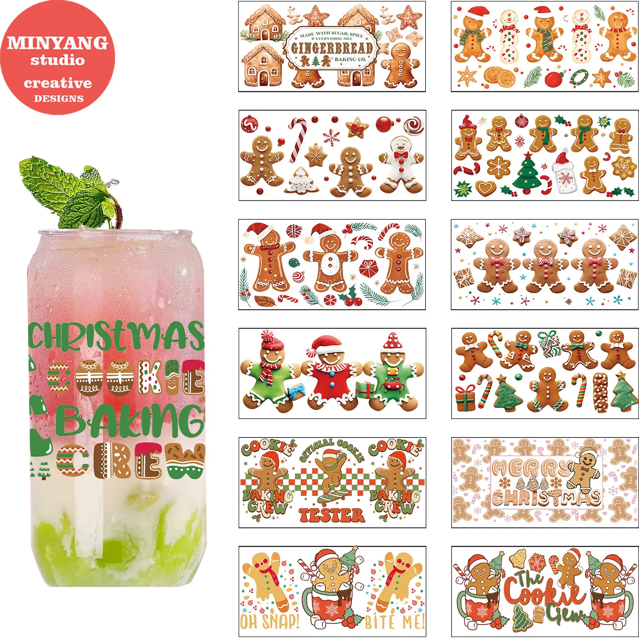 Gingerbread man peel waterproof DIY Decals 3D transfers uvdtf crystal stickers 16oz uv dtf cup wraps for Libbey Glasses