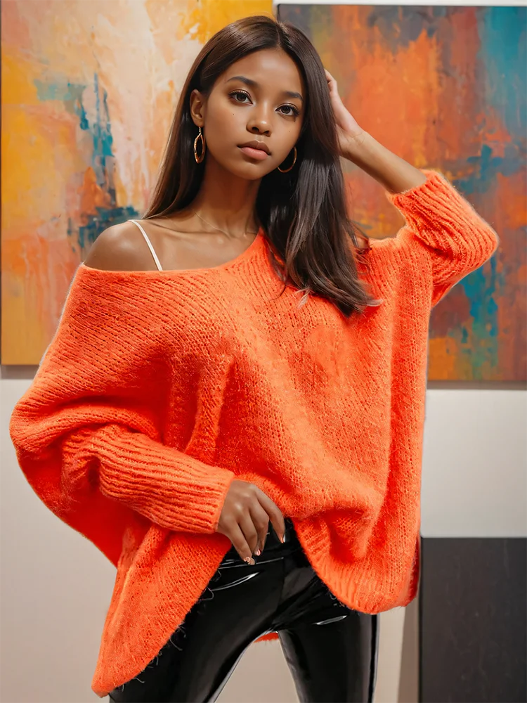 DEAT 2024 Autumn New Fashion V-neck Off Shoulder Knitted Sweater For Women Loose Casual Solid Color Pullovers Female 33A2047