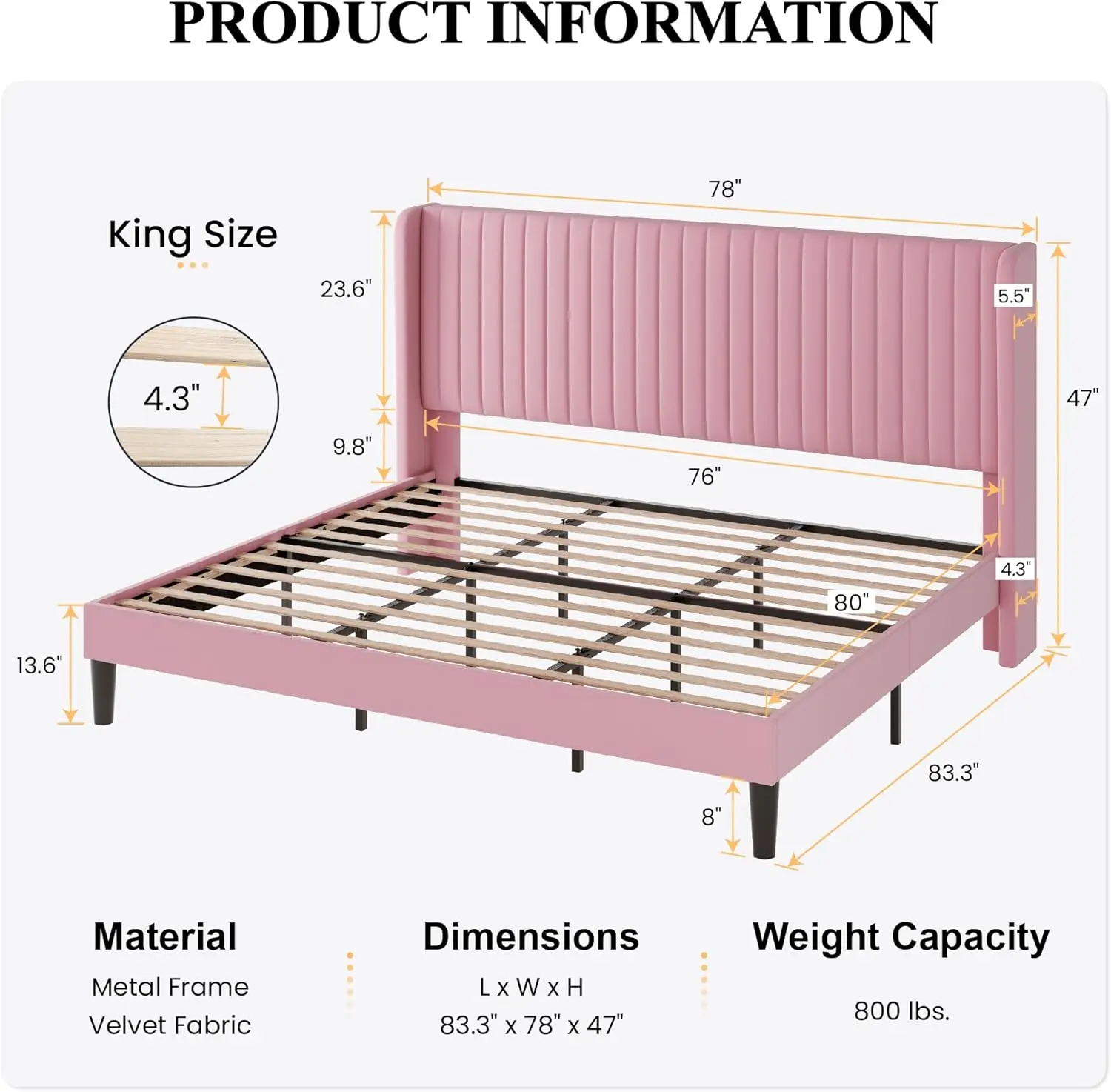 Estrutura de cama king size de veludo com cabeceira de asa capitonada de canal vertical, cama de plataforma estofada com ripas de madeira, sem caixa spr