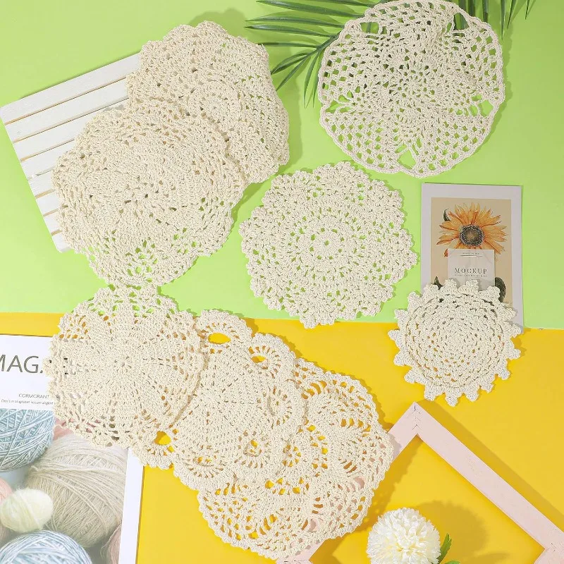 4PCS 6.3Inches Handmade Crochet Doilies White Lace Doilies for Tables Vintage Round Cotton Placemats Coasters Rustic Doily