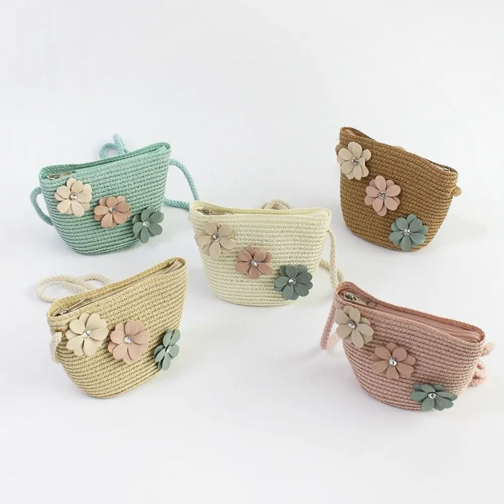 Flower Shoulder Bag Durable Rattan Straw Keys Coin Purse Crossbody Bag Girls